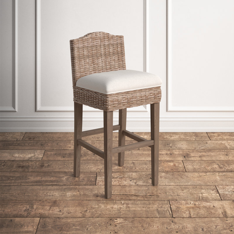 Tabouret rembourré en bois massif et rotin Kogan, Tabouret de bar (siège d'une hauteur de 30,5 po)
