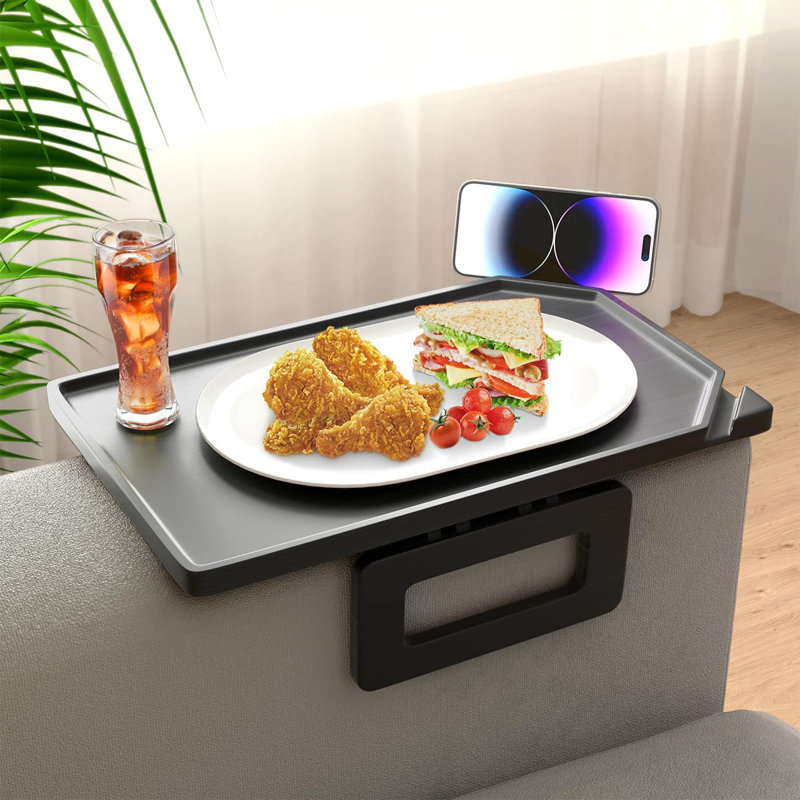 Upgraded Couch Arm Tray Table With Dual Phone Holder - Multi-Functional Sofa Armrest Tray For Drinks, Snacks, Tablets - Sturdy Design With Non-Slip Surface For Home Use