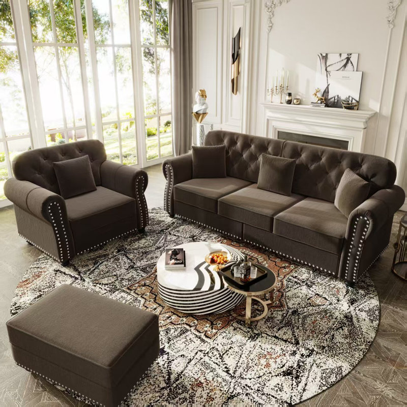 Ensemble de fauteuil rembourré 3 pièces et canapé 3 places Mid-Century Chesterfield, 3 Pieces: Sofa, Chair, Ottoman, Brown