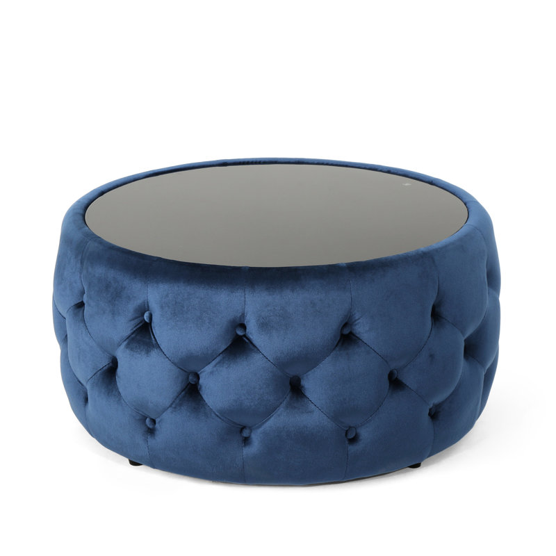 Button- Tempered Glass In Dark Blue Velvet, Modern Office Decor, 30" X 14.5 With Top, Appeal,, Dark Blue