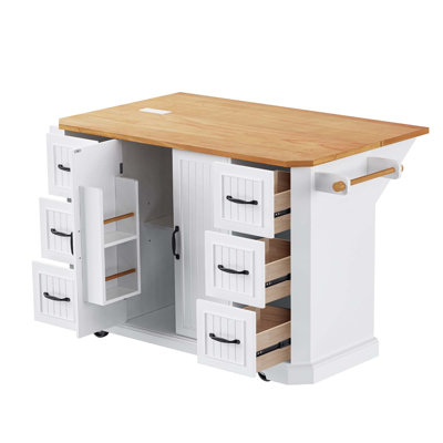 Kitchen Island With Rubber Wood Veneer Drop Leaf, Power Outlet, 4 Door Shelves, Embossed Vertical Stripe Rolling Kitchen Cart On 4 Wheels With 6 Deep Drawers For Kitchen, Dining Room