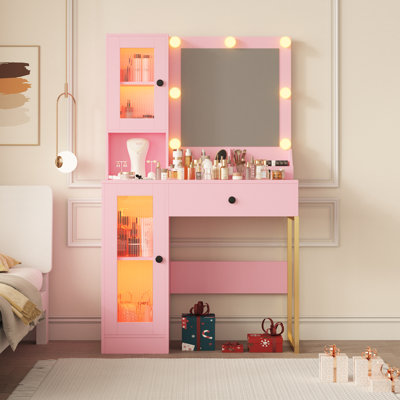 Vanity Desk with Mirror and Lights Elegant Makeup Vanity Table with Drawers & Cabinets, Storage, Sturdy MDF Top, Adjustable Brightness Bulbs, Built-in Power Outlet & USB Ports for Bedroom