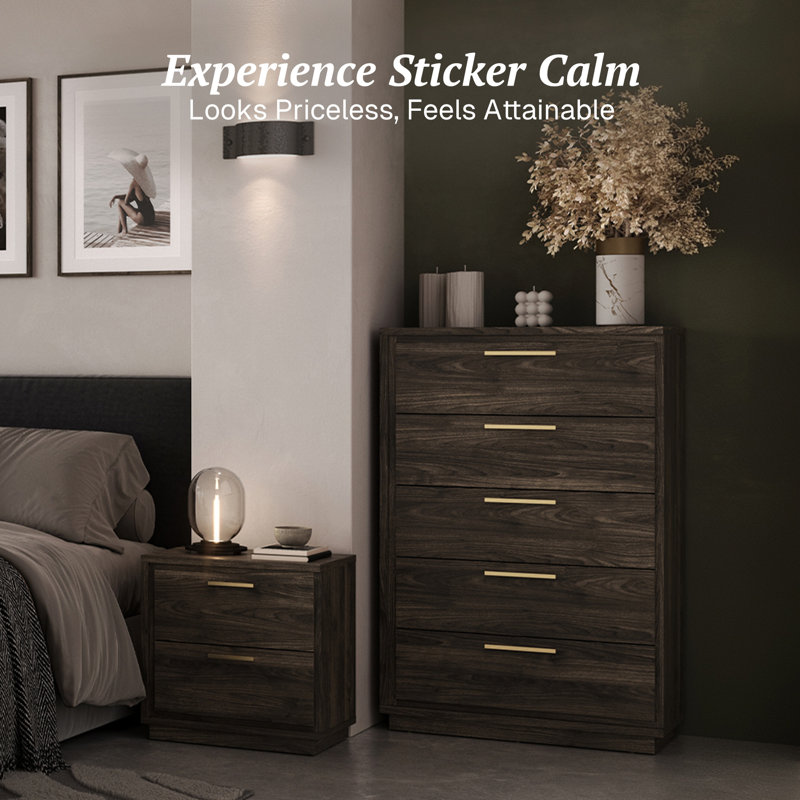 5 Drawer Dresser, Wood Storage Chest with Rose Gold Handles, Brown