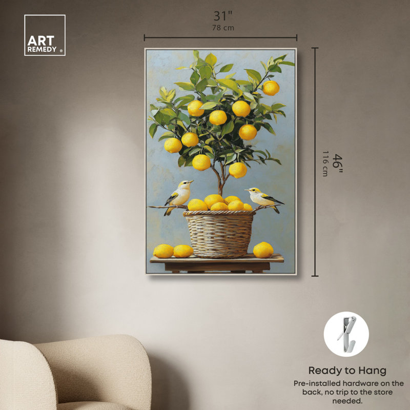 «Lemon Orchard Duet», art mural, H 46 po x l 31 po, Cadre argenté