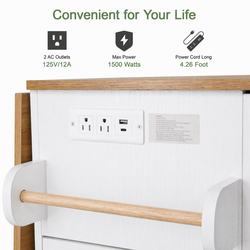 60.32"W Kitchen Island Cart with with Drop-Leaf Tabletop, Two Large Storage Cabinet,Drawers, Locking Wheels,USB-A/USB-C,& 2 AC outlet