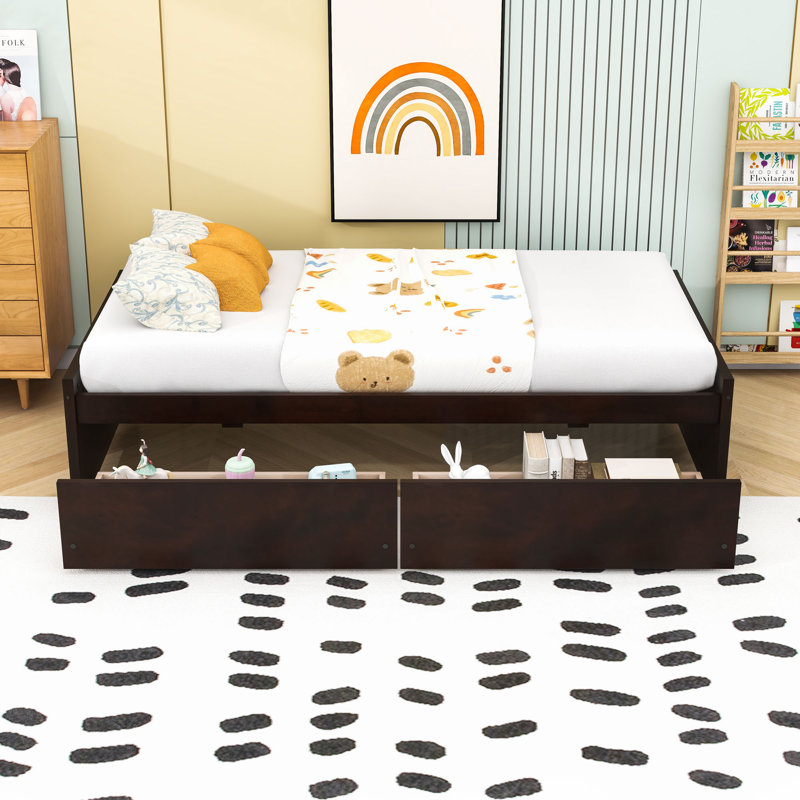 Lit plateforme simple en bois avec 2 tiroirs Yunet, Espresso