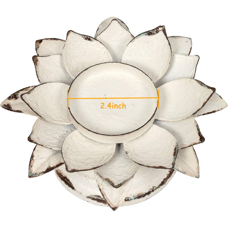 3.3'' Rustic Pillar Candle Holder Metal Lotus Flower, Antique White Handmade Candlesticks Holder For Table Centerpiece