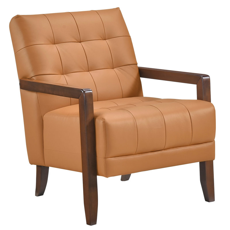 Fauteuil Lenie, cuir capitonné, bois de noyer, Orange