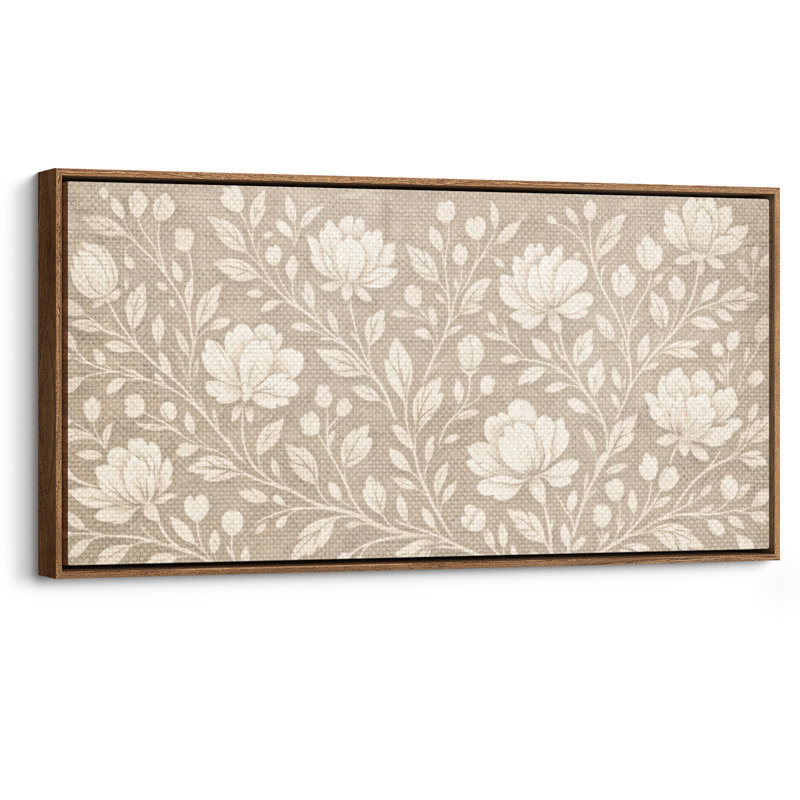 «Neutral Folk Floral» sur fond de style lin, art mural encadré, Naturel, H 30 po x l 60 po