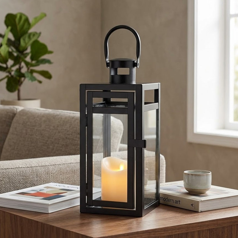 Metal Candle Lantern 30cm High Decorative Hanging Lantern with Tempered Glass for Indoor Outdoor , Black