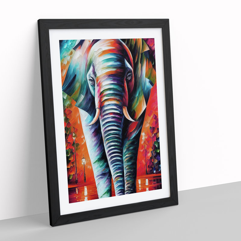 Colourful Elephant No.2 - Wall Art, Black Framed, 66cm H x 48cm W x 2cm D, White