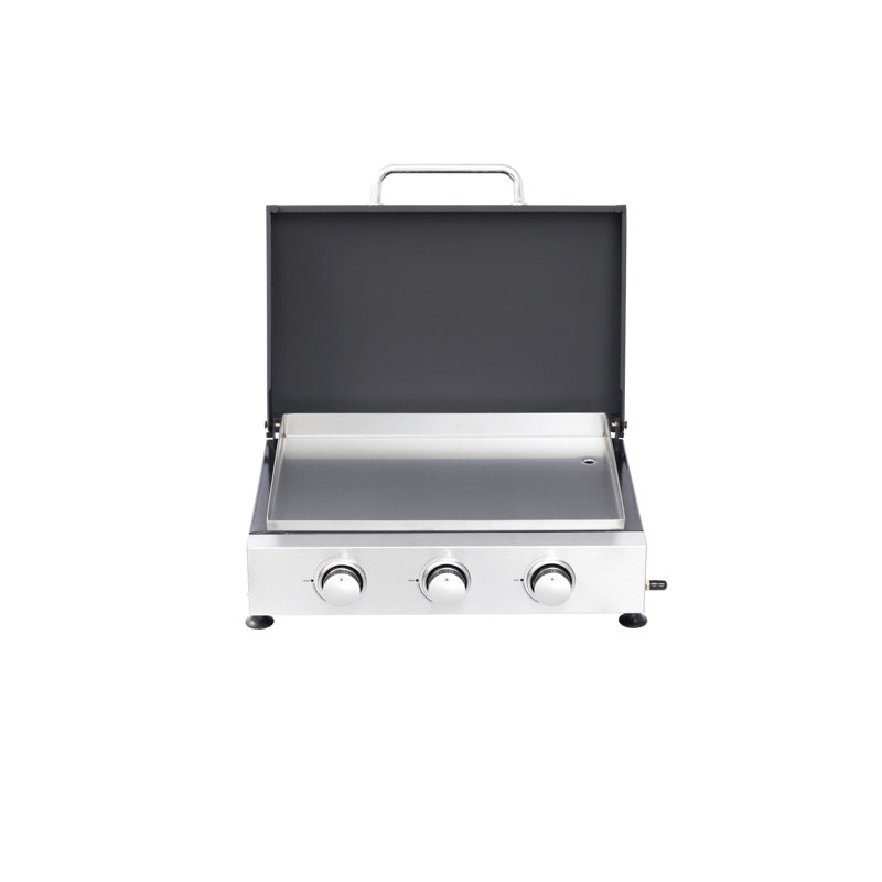Barbecue au gaz multi-fonctions à 3 brûleurs avec filet en fonte, poêle émaillé à haute température, carter d'huile coulissant, corps de poêle à tuyau droit en acier inoxydable 28680Btu, résistance à la température, + conception,