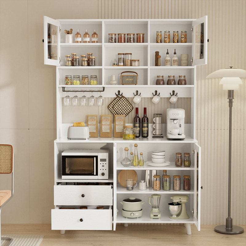  Garde-manger de 72,5 po de hauteur avec porte vitrée et tablette à micro-ondes, Blanc