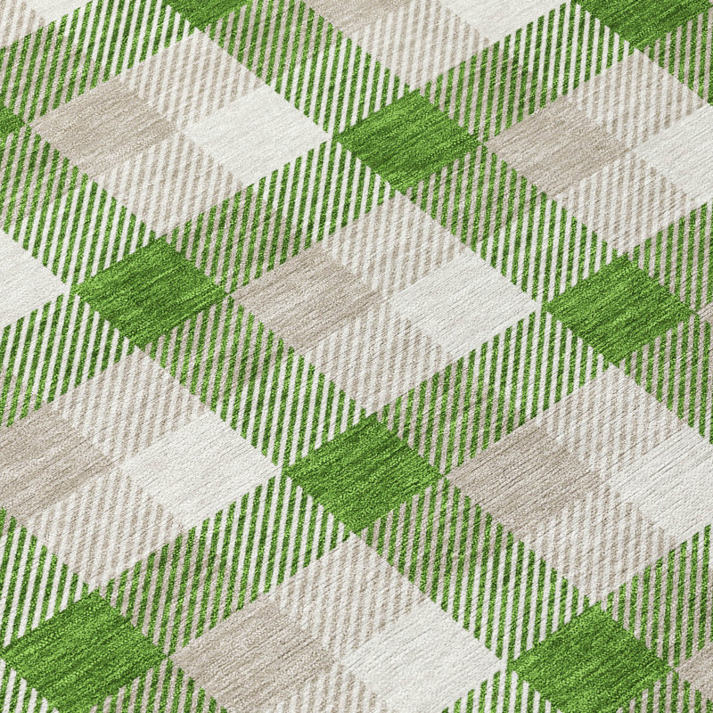 Emerald Green and Beige Plaid Washable Synthetic Area Rug