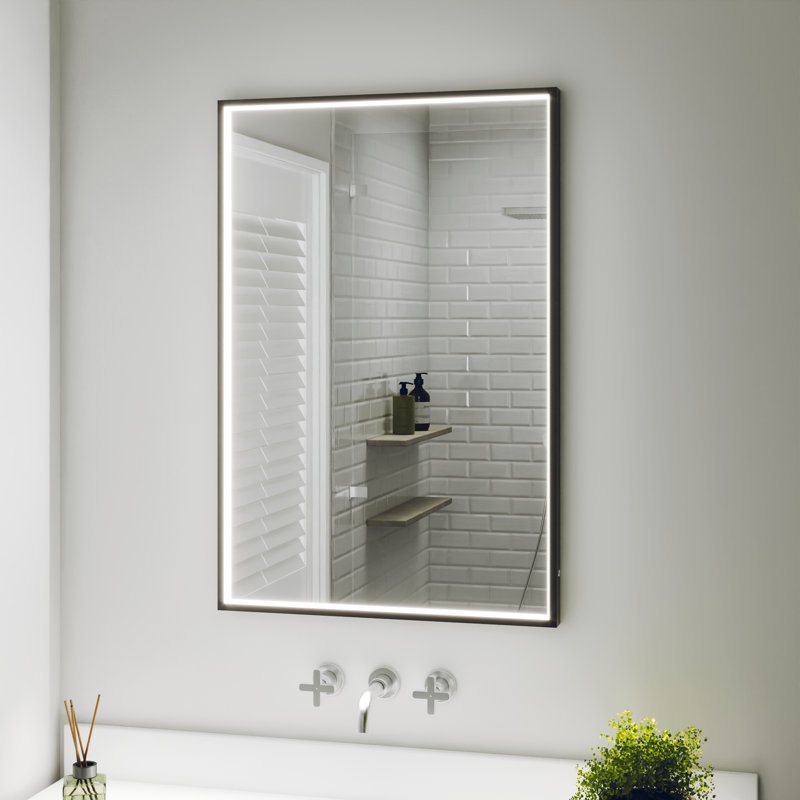 Miroir de salle de bain à cadre noir à DEL avec antibuée, gradation continue, 3 températures de couleur et commandes latérales