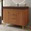 Meuble-lavabo autoportant 36 po moderne | Armoire en noyer, pieds dorés, plateau en pierre frittée blanche / foncée, lavabo en céramique, rangement intelligent
