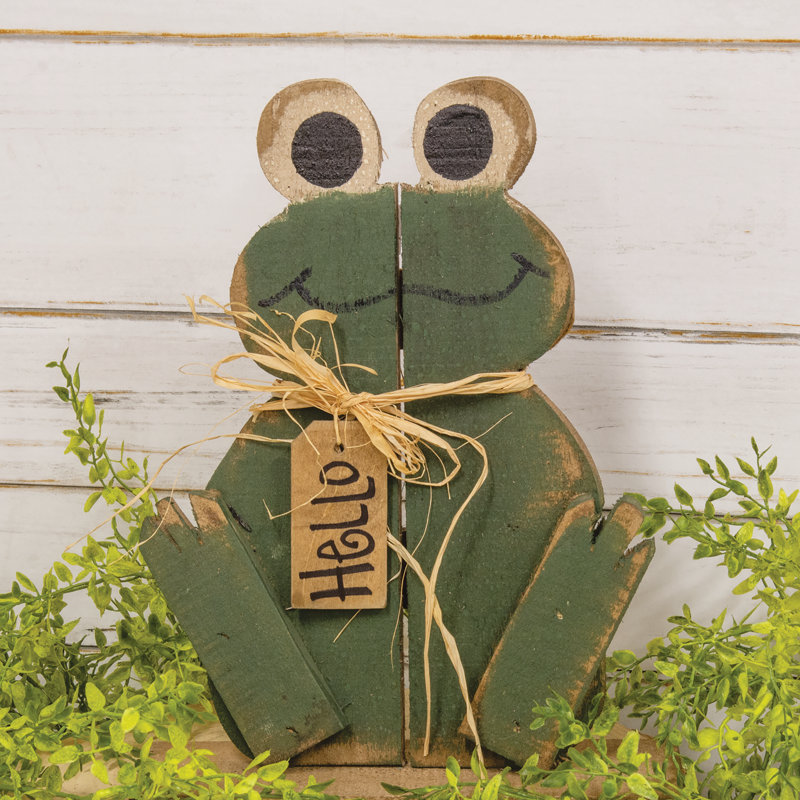 Grenouille en bois rustique assise "Hello"