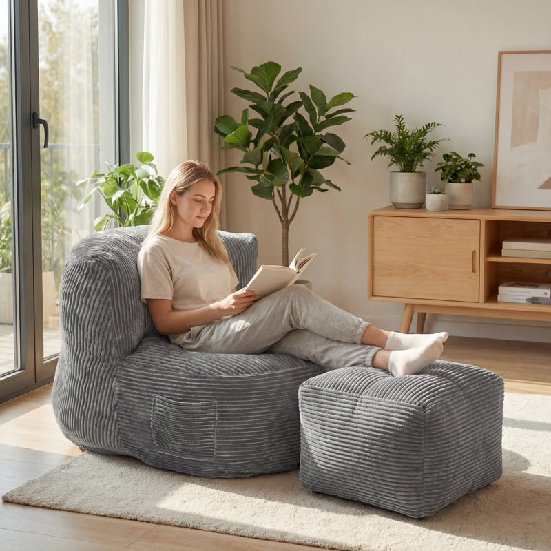 Oversized Adult Bean Bag Chair With Ottoman, Corduroy Fabric Lazy Sofa, Plump Shredded Foam Filled, Soft Fluffy & Portable, Back Support For Napping & Gaming