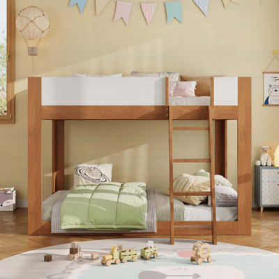 Lit double superposé double pleine grandeur, convertible en bois avec échelle réversible et garde-corps de sécurité, noyer et blanc