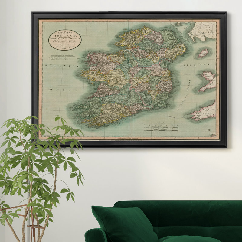 Carte de l’Irlande vintage-impression d’art graphique sur toile encadrée, H 18,5 po x l 24,5 po x P 1,5 po, Cadre noir