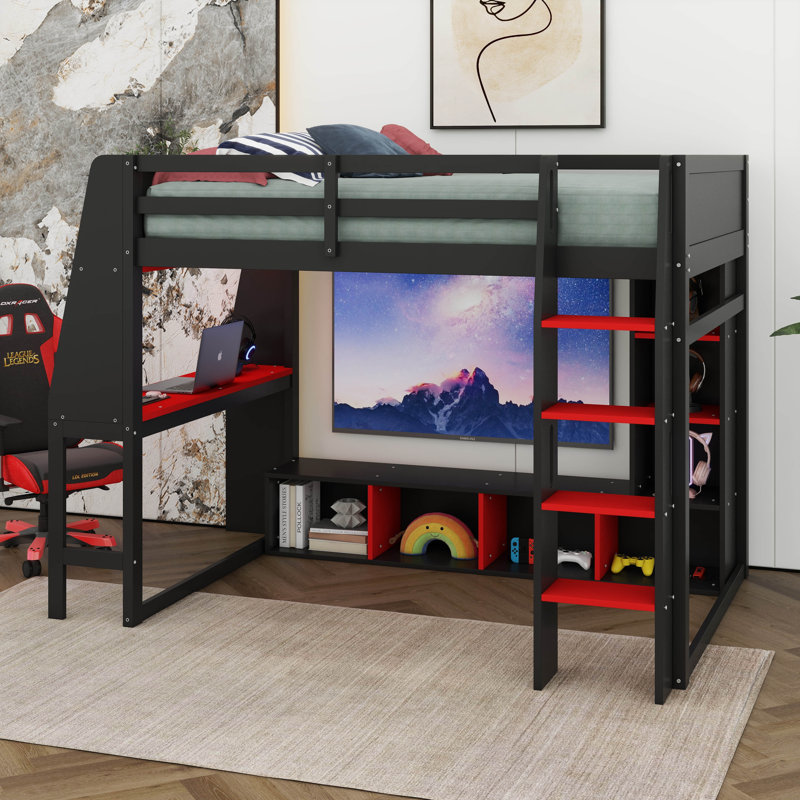 Lit mezzanine double avec bureau et tablettes multiples, cadre de lit mezzanine en bois avec DEL et portemanteau suspendu