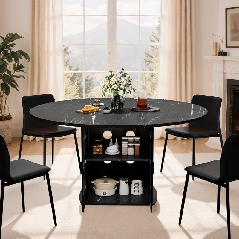 Round Dining Table With Fridge Space, Modern White Faux Marble Kitchen Tables,wood Dining Room Table With Storage Shelf, Circle Dinner Tables For Home