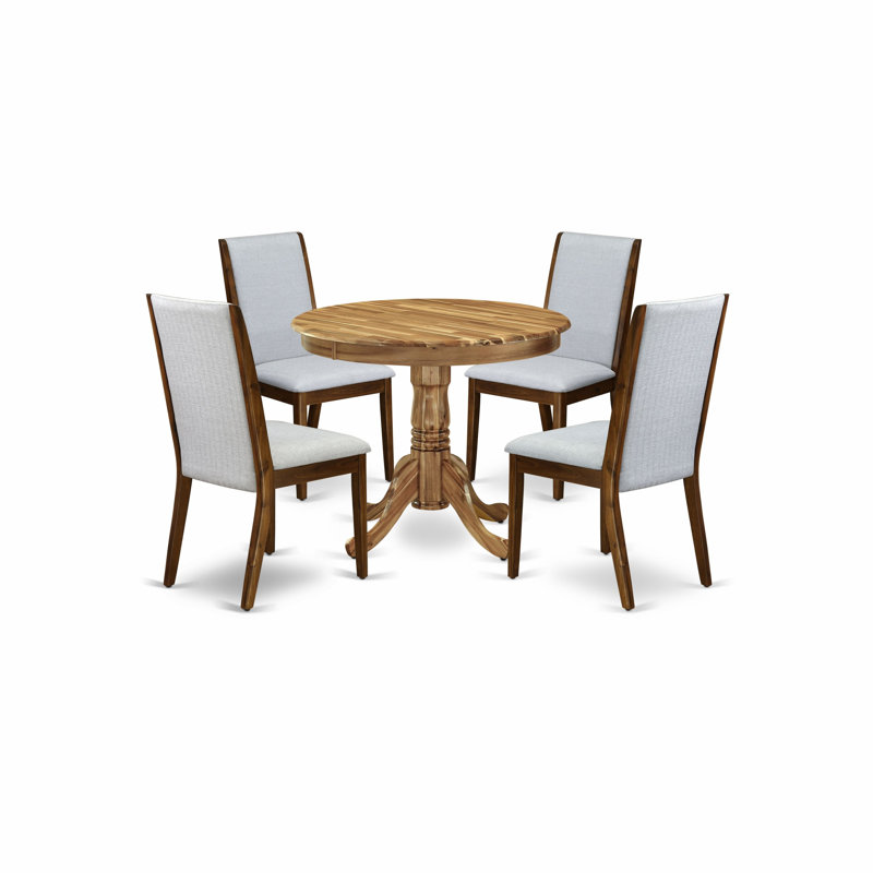 Ensemble de table de salle à manger 5 pièces comprenant une table de cuisine ronde avec piédestal et 4 chaises de salle à manger Parson en tissu gris, 36 x 36 po, naturel