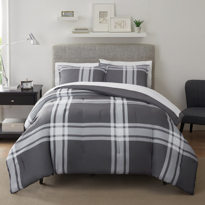 Serta Simply Clean Jax Plaid Antimicrobial 2-Piece Comforter Set, Queen Comforter + 2 Standard Shams, Charcoal/Black