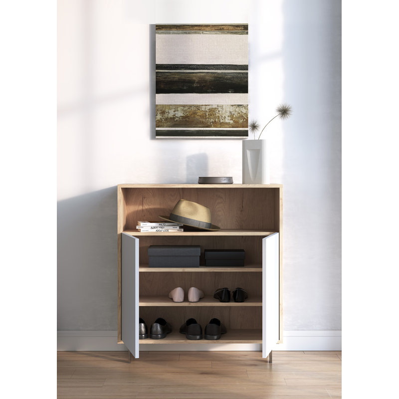 10 Pair Shoe Storage Cabinet, Light Oak/White
