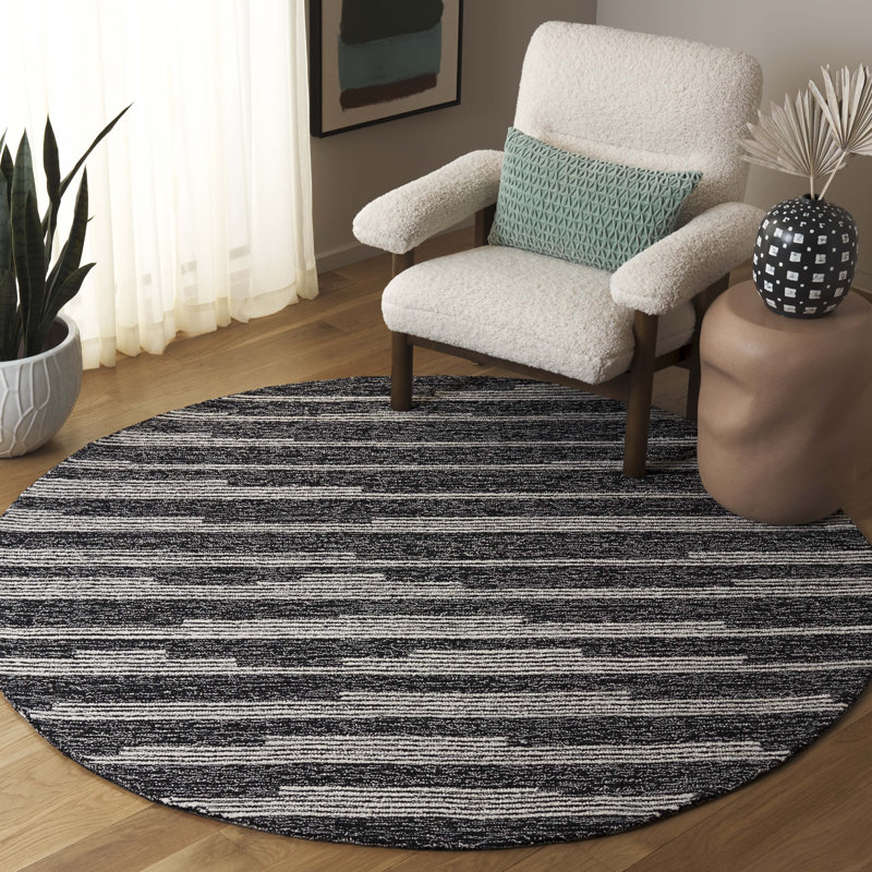 Doralia Ebony Hand Tufted Wool Cotton Rug in Black/Ivory, Round 6'