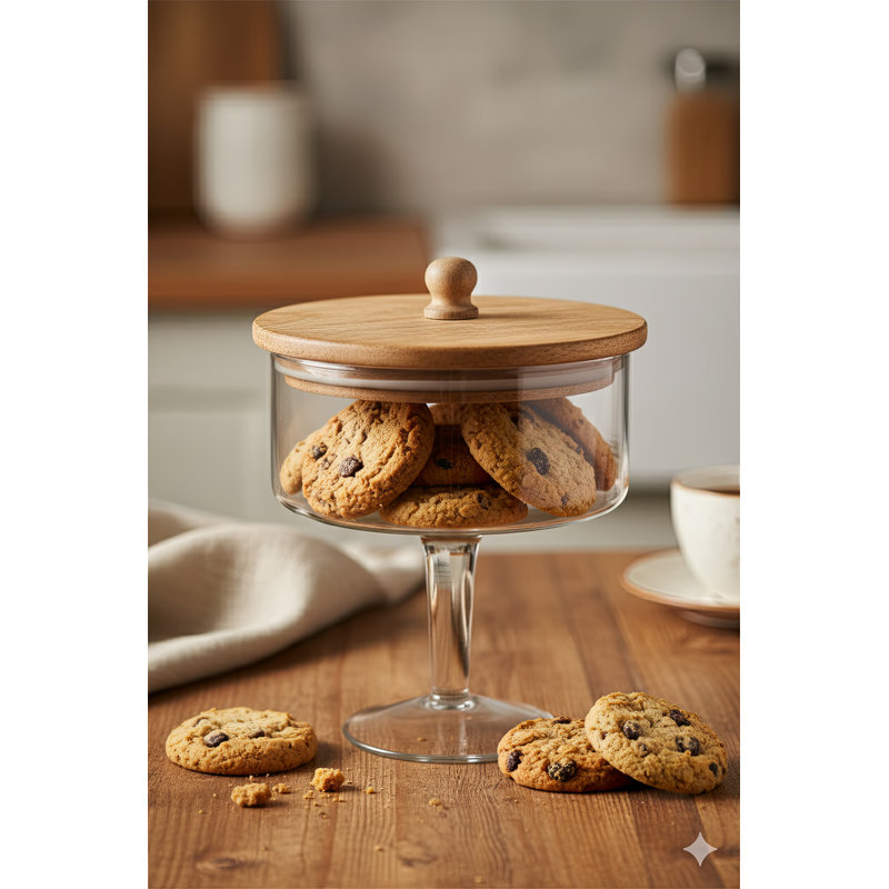 Sm. Pot en verre à piédestal avec plateau en bois, H 11,80 po x l 7 po x P 7 po