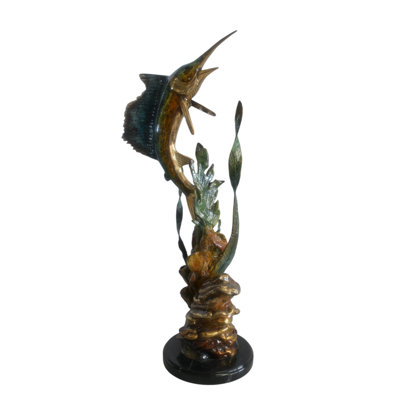 Sculpture bronze en forme de voilier sur fond d'algues corail 11 po x 7 po x H 24 po