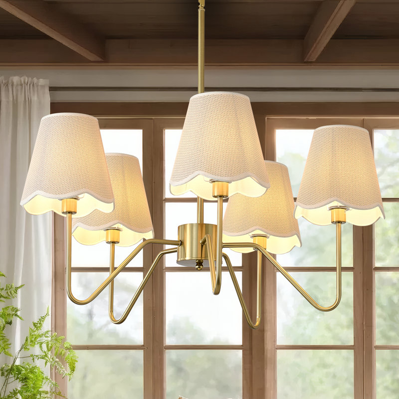 Lustre 5 lumières de style ferme Boho avec abat-jour en tissu, lustre rustique en laiton 34 po pour salle à manger, îlot de cuisine, salon et îlot de cuisine