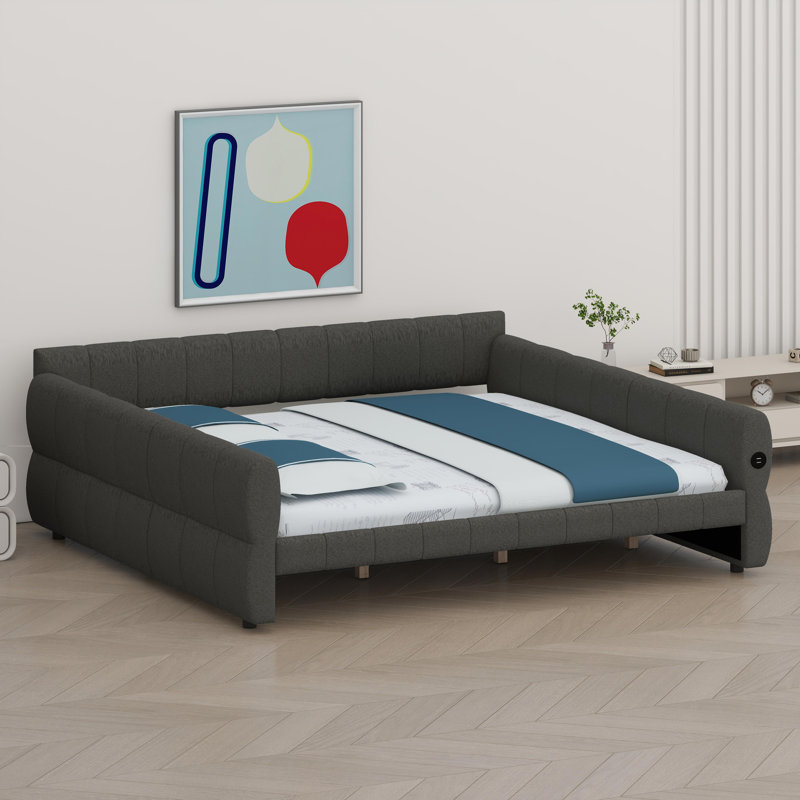 Lit plateforme contemporain à finition douce avec connectivité USB intégrée, Gris