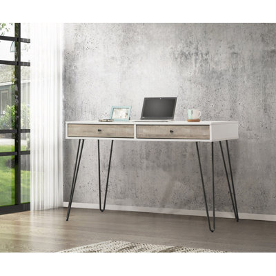 Bureau moderne avec 2 tiroirs et accents métalliques, conception ouverte, solution de bureau à domicile peu encombrante