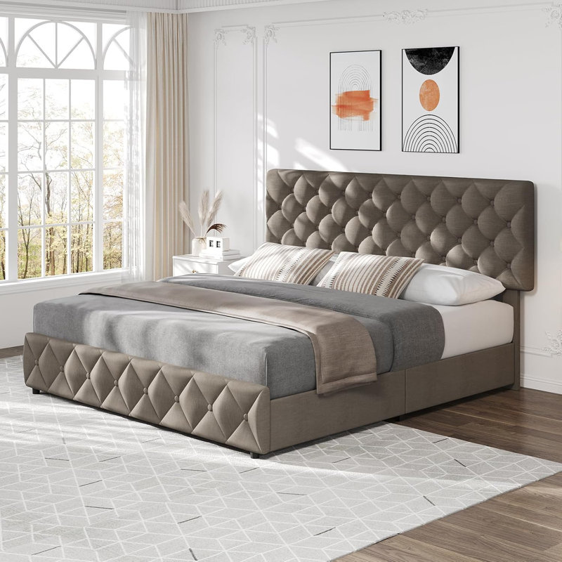 Lit avec 4 tiroirs de rangement et tête de lit, Grand, gris