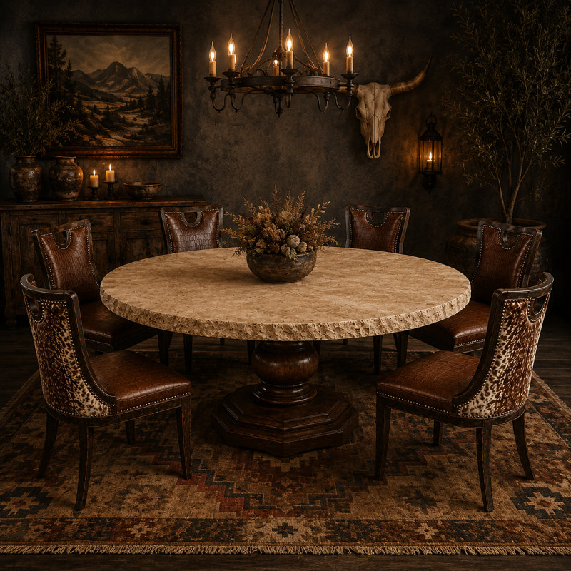 Round Cream Travertine Dining Table | Chiseled Marble Top, Hand-Forged Iron Base