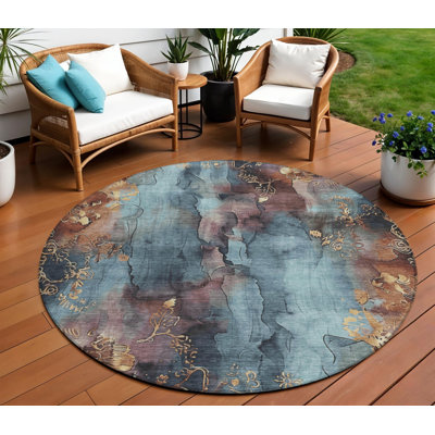 8' Blue And Gold Round Floral Washable Indoor Outdoor Area Rug