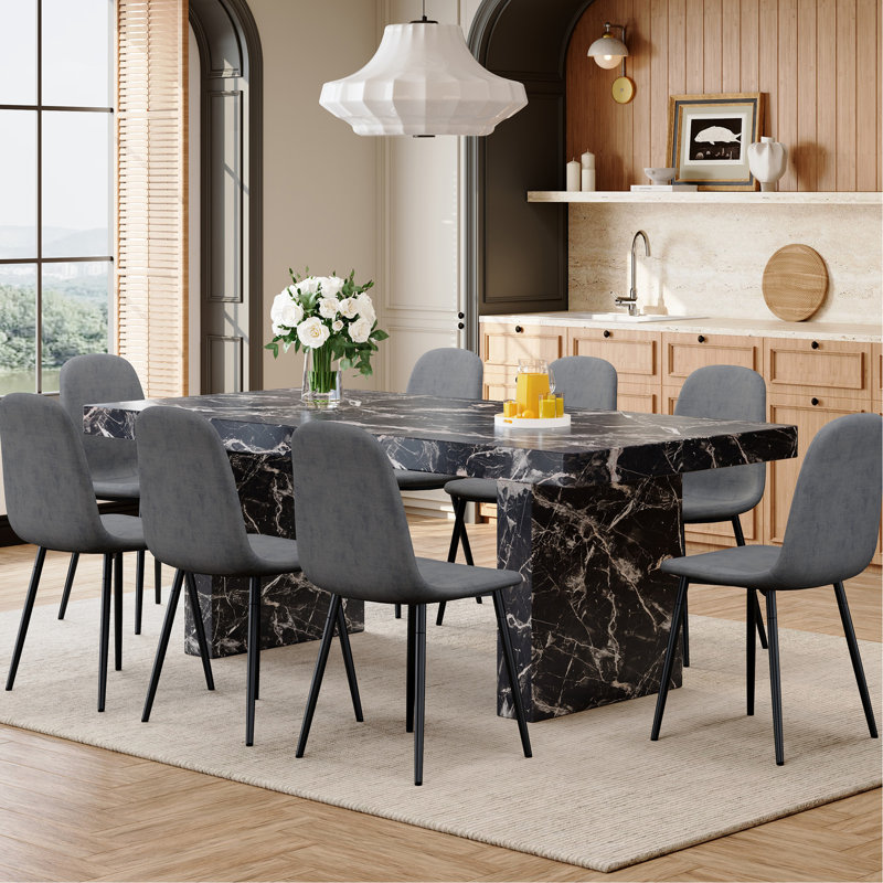 Table multifonctionnelle à 8 places: table de 78,7 po x 39,4 po avec plateau de 3,5 po d'épaisseur et chaises en coton respirant gris foncé en lin doux