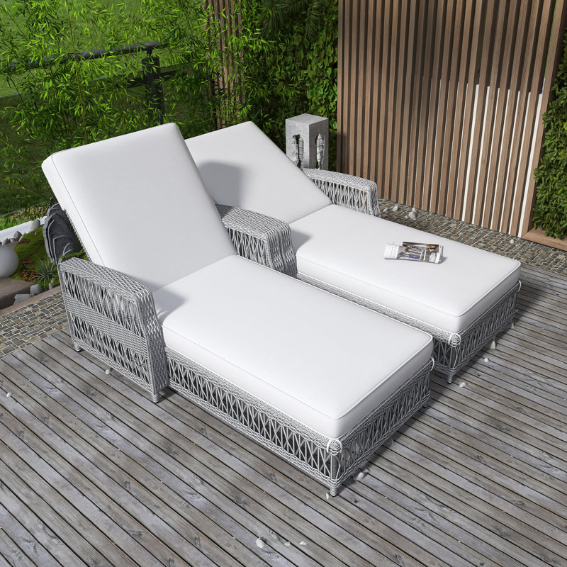 2 Pieces Long Reclining Chaise, Outdoor Wicker Lounge With Armrests, Patio Adjustable Recliner With Soft Removable Cushions