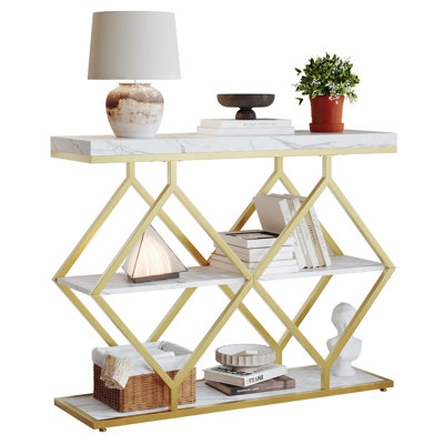 Table d'entrée de 39 pouces - Console étroite à 3 niveaux avec rangement ouvert, pieds réglables, structure en métal en forme de losange, table d'appoint industrielle pour vestibule, vestibule, couloir