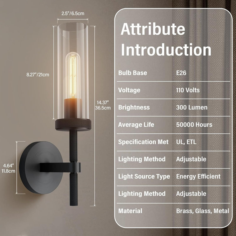 Martajah Solid Brass Wall Sconces with Tube Glass (Bulbs Include) (Set of 2), Matte Black, 14.37" H x 4.64" W x 4.64" D