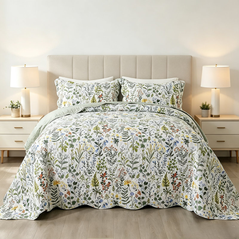 Ensemble de literie pour courtepointe à motif floral grand format 3 pièces HoneiLife, couvre-lit en mélange de tissu doux avec taies décoratives assorties, blanc