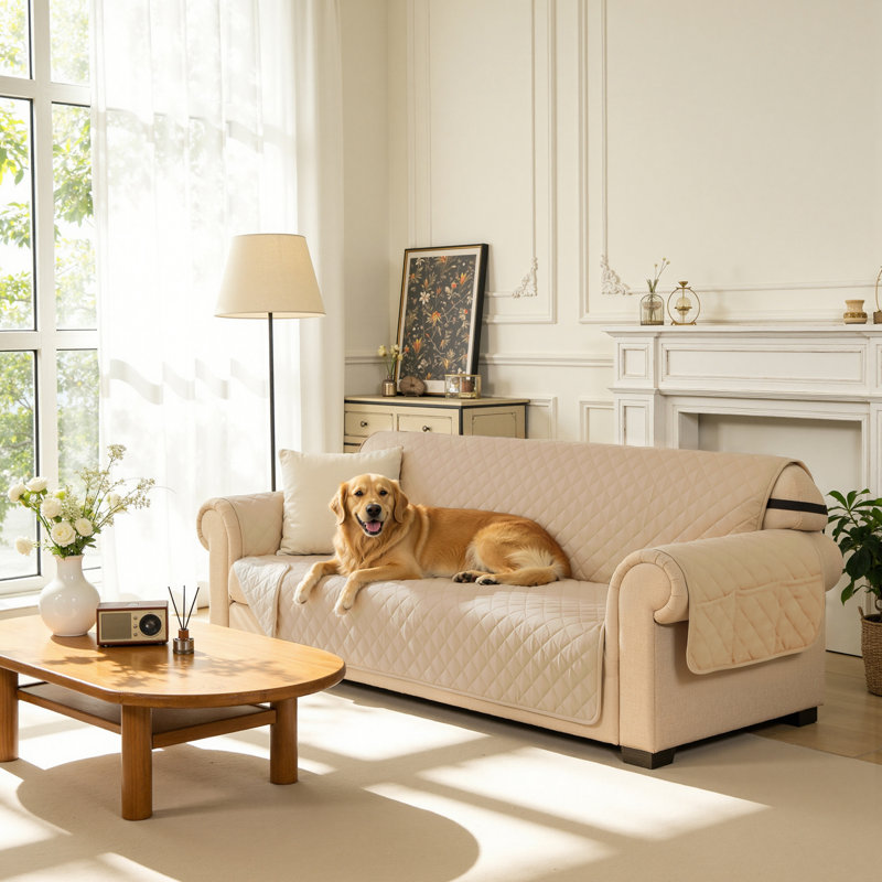 Housse de canapé pour canapé à 3 coussins, housse de canapé antidérapante pour chiens, housse de protection de meuble avec sangles en mousse et sangles élastiques pour chat (canapé, sable)