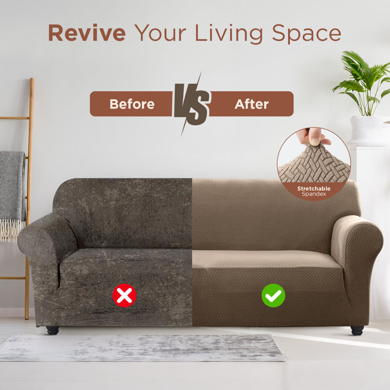 Premium Stretch Spandex Sofa Cover - Durable, Stylish & Easy-Fit Slipcover, 179cm H x 165cm W - (1 Seater), Coffee/Sand