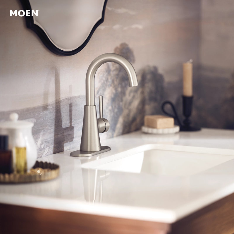 Ronan One-Handle Single Hole Modern Bathroom Sink Faucet with Optional Deckplate and Spring Drain, Silver