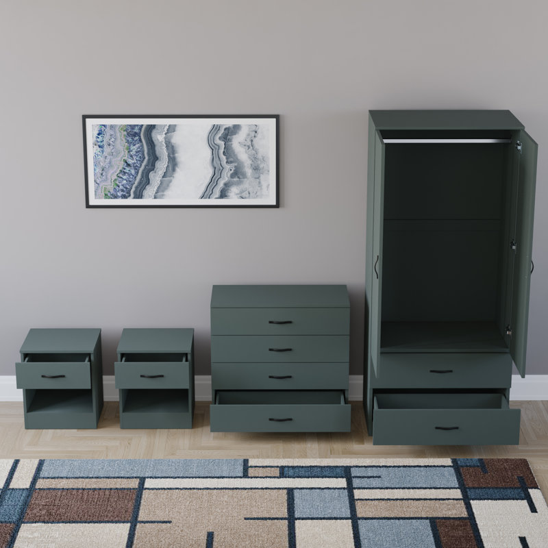 Tayce 4 Piece Bedroom Set (1 Drawer Bedside Chest X2, 4 Drawer Chest, 2 Door 2 Drawer Wardrobe), Green