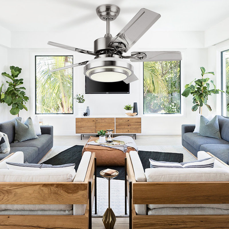 Ventilateur de plafond standard à DEL à 5 pales 52 po avec télécommande et ensemble d'éclairage inclus Azeezat, Argent