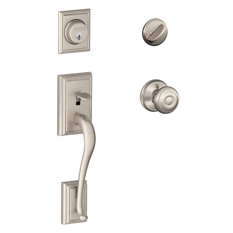 Ensemble de poignées Addison avec pêne dormant cylindrique simple, bouton de porte et rosette Georgian, Oui, Nickel satiné