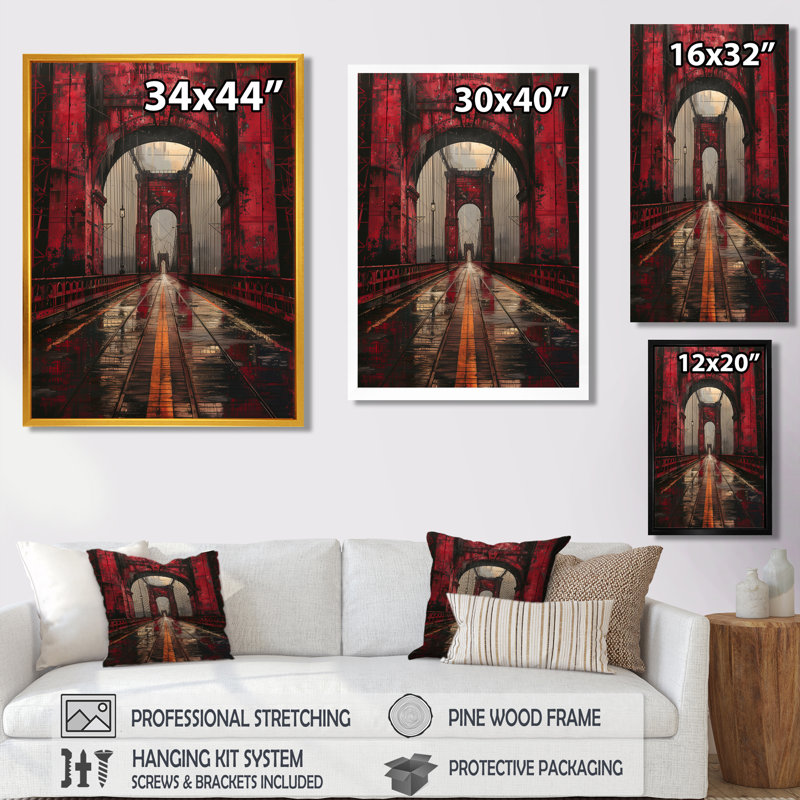 Pont rouge et noir, printemps, impression d'art mural, Toile avec cadre flottant brun, H 32 po x l 24 po x P 1 po